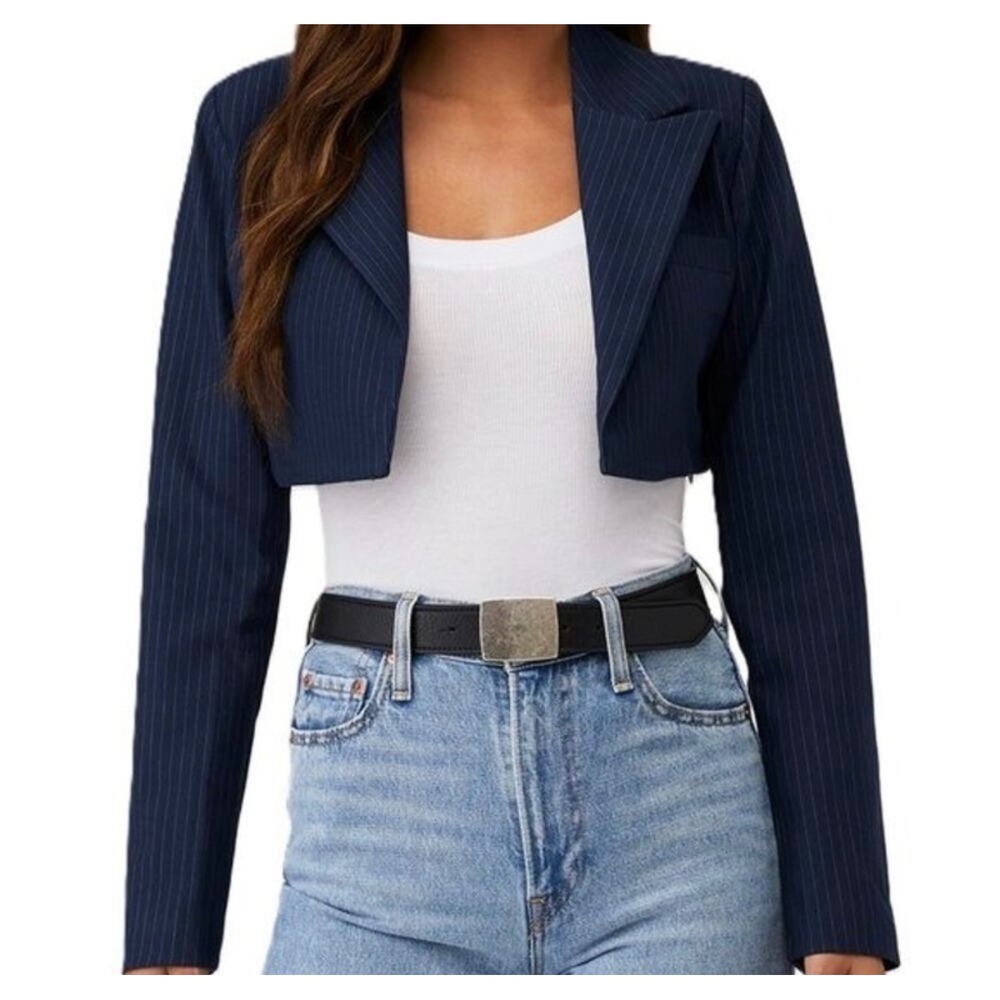 NWT Good American Cropped Blazer Women's XL Navy Ink Stripe GJK0137ST Pinstripe